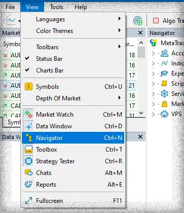 how to enable metatrader navigator toolbox