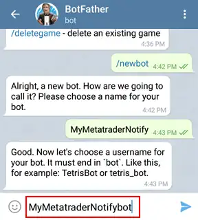 telegram integration botfather set a bot user name
