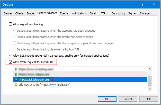 telegram integration webrequest settings on metatrader